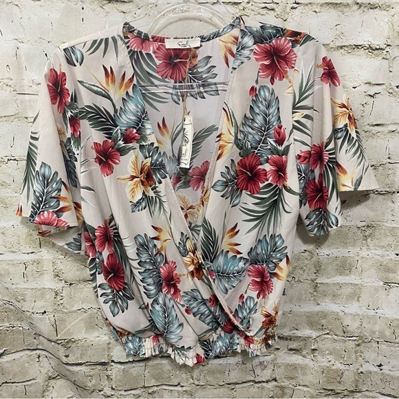 NWT Easel Cream Floral Print Faux Wrap Stretch Waist Top - Picture 1 of 6